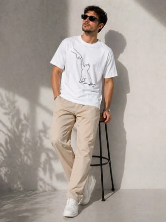 Modi Green Erkek Minimal Kedi Çizim Baskılı Tişört Kısa Kol Yazlık T-Shirt - Beyaz