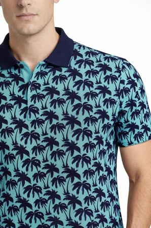 Modi Green Erkek Pike Kumaş Polo Yaka Palmiye Desenli Tişört Kısa Kol Yazlık T-Shirt - Turkuaz