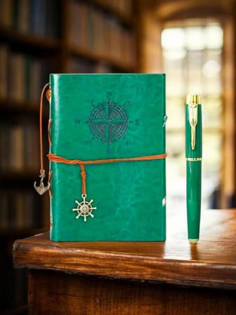 MR Öğretmenler Günü Deri Kraft Kağıtlı Pusula Tasarımlı Defter ve Kalem Seti Hediye Seti Özel Tasarım (YEŞİL)