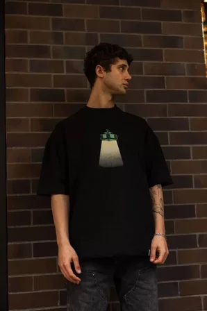 Modi Green Unisex Bisiklet Yaka Baskılı Oversize T-Shirt - Siyah