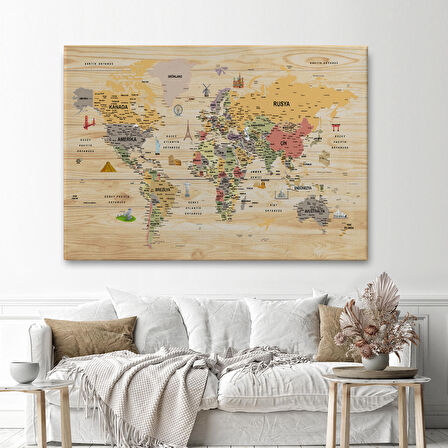 Harita Sepeti Ahşap Görünümlü Türkçe Dünya Haritası Sembollü Eğitici Kanvas Tablo 2925