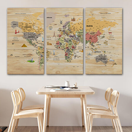 Harita Sepeti Ahşap Görünümlü Türkçe Dünya Haritası Sembollü Eğitici Kanvas Tablo 2925