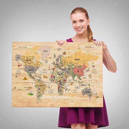 Harita Sepeti Ahşap Görünümlü Türkçe Dünya Haritası Sembollü Eğitici Kanvas Tablo 2925