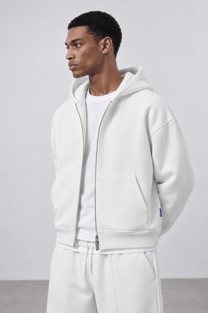 Erkek Basic Panda Oversize Zip Ekru