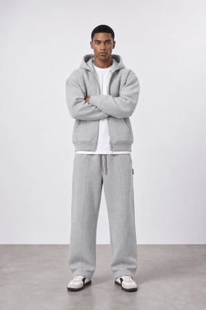 Erkek Basic Panda Oversize Zip Gri Melanj