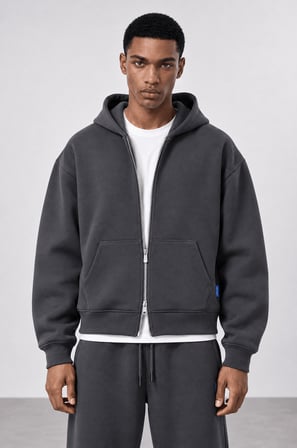 Erkek Basic Panda Oversize Zip Füme
