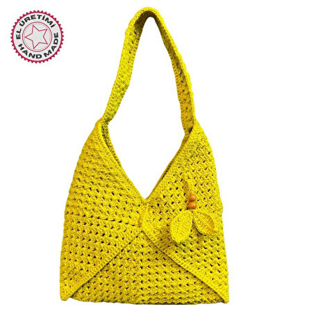 Uretti - Emine 9106 8528 El Örgüsü Ahşap Boncuk Detaylı Omuz Çantası  - Limon Sarısı