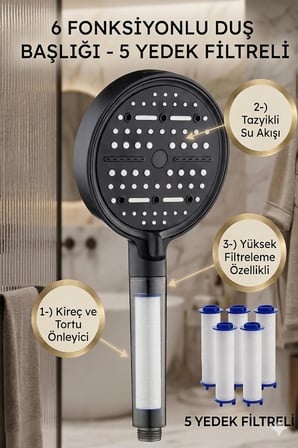 Nova Filtreli Duş Başlığı, 6 Fonksiyonlu, Yüksek Basınçlı, Klor ve Kireç Önleyici, 5 Yedek Filtre Dahil