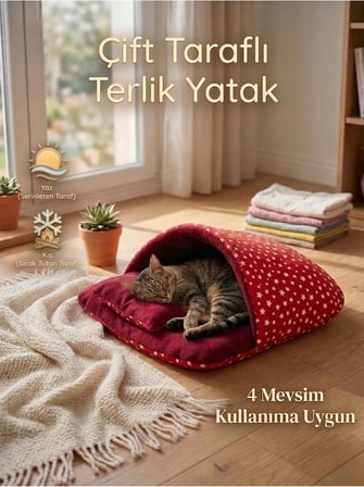 Terlik Model Çift Taraflı Kedi &amp; Küçük Irk Köpek Yatağı, 50x50 cm, Kırmızı