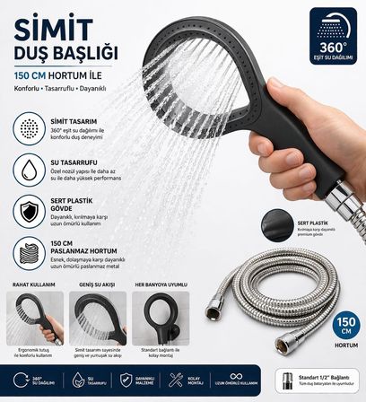 Simit Duş Başlığı Sert Plastik, 150 Cm Paslanmaz Çelik Hortumlu El Duşu, Yüksek Basınçlı Su Tasarruflu Duş Seti, Ergonomik Tutma Saplı Banyo Duş Başlığı