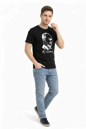 Modi Green Erkek Atatürk Baskılı Tişört Kısa Kollu Bisiklet Yaka T-Shirt - Siyah