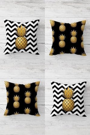 Ananas Ve Tropikal Meyve Desenli Gizli Fermuarlı Kırlent Kılıfı Koltuk Yastık Kılıfı Takım(4adet), Gold-Siyah Beyaz 45 x 45
