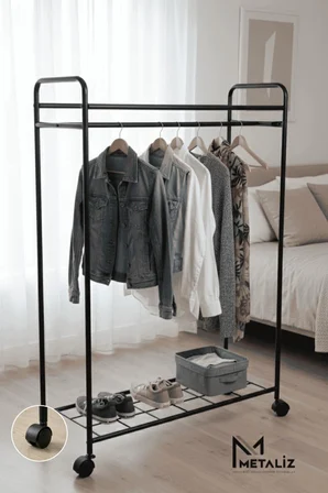 Metaliz Concept Tekerli Modern Metal Elbise Askılığı - Katlı Raflı Portatif Giysi Standı, Siyah Renk
