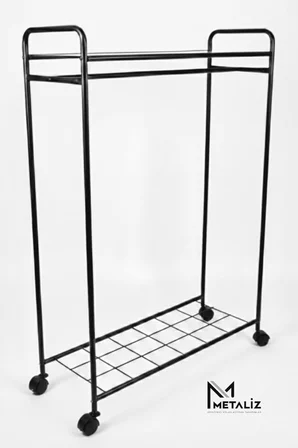 Metaliz Concept Tekerli Modern Metal Elbise Askılığı - Katlı Raflı Portatif Giysi Standı, Siyah Renk