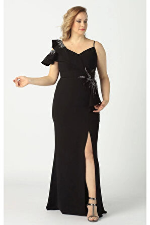 21927 Siyah Omuzu Iki Katlı Beli Taş Işlemeli Kadın Büyük Beden Abiye Elbise