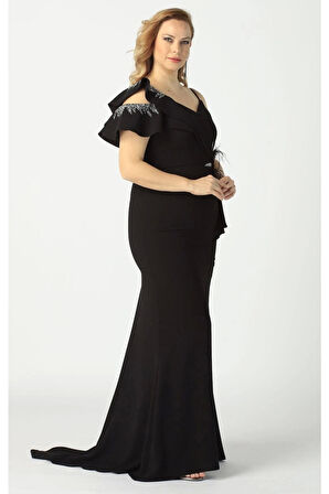 21927 Siyah Omuzu Iki Katlı Beli Taş Işlemeli Kadın Büyük Beden Abiye Elbise