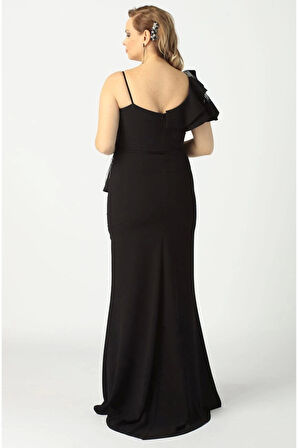 21927 Siyah Omuzu Iki Katlı Beli Taş Işlemeli Kadın Büyük Beden Abiye Elbise