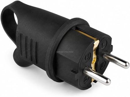 Monofaze Kauçuk Fiş, 16A, IP44, F Tipi, 220-240V, Vidalı Bağlantı, Darbeye Dayanıklı Kauçuk Gövde, CE ve ROHS Belgeli, Şantiye, Atölye, Sanayi, Dış Mekan Kullanımı, Elektrik Fişi (Kulplu Eğik)