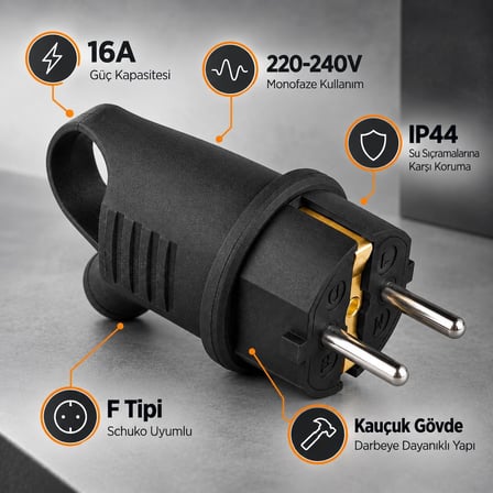 Monofaze Kauçuk Fiş, 16A, IP44, F Tipi, 220-240V, Vidalı Bağlantı, Darbeye Dayanıklı Kauçuk Gövde, CE ve ROHS Belgeli, Şantiye, Atölye, Sanayi, Dış Mekan Kullanımı, Elektrik Fişi (Kulplu Eğik)