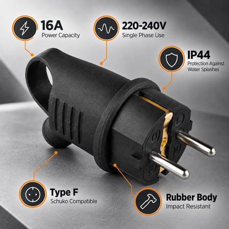 Monofaze Kauçuk Fiş, 16A, IP44, F Tipi, 220-240V, Vidalı Bağlantı, Darbeye Dayanıklı Kauçuk Gövde, CE ve ROHS Belgeli, Şantiye, Atölye, Sanayi, Dış Mekan Kullanımı, Elektrik Fişi (Kulplu Eğik)