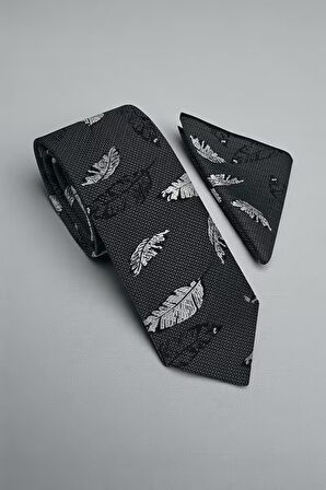 Tüy Desen Gri Kravat & Mendil