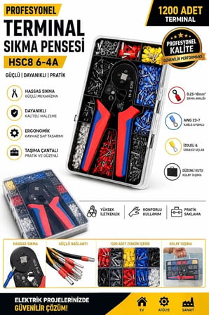 AEE® Terminal Sıkma Pensesi Seti, 0.25-10 mm² Kablo Pensesi, AWG 23-7 Tel Sıkma Aleti, 1200 Adet İzoleli Kablo Yüksük Seti ile Profesyonel Krimp Pensesi