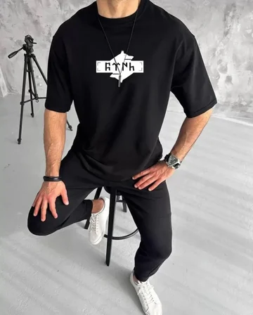 Modi Green Unisex Bisiklet Yaka Baskılı Double Oversize T-Shirt - Siyah