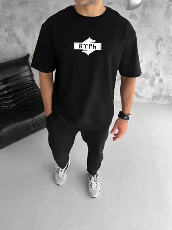 Modi Green Unisex Bisiklet Yaka Baskılı Double Oversize T-Shirt - Siyah