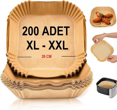 Baker Ticaret Airfryer Pişirme Kağıdı,Xl-Xxl Büyük Boy, Kare, 200 Adet Hava Fritöz Parşömen Fırın Kağıdı Tek Kullanımlık Kağıt Fırın Fritöz Pişirme Kızartma Tavası Için Uygun 20CM