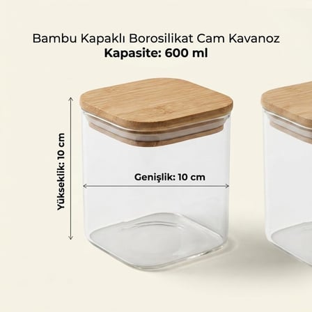 Deconox 2 ADET 600 ml Sızdırmaz Vakumlu Bambu Kapaklı Borosilikat Cam Kavanoz, Hava Geçirmez Contalı Kare Kuru Gıda Saklama Kabı, 10 × 10 cm