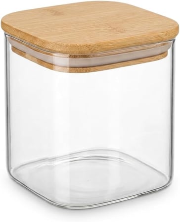 Deconox 2 ADET 600 ml Sızdırmaz Vakumlu Bambu Kapaklı Borosilikat Cam Kavanoz, Hava Geçirmez Contalı Kare Kuru Gıda Saklama Kabı, 10 × 10 cm