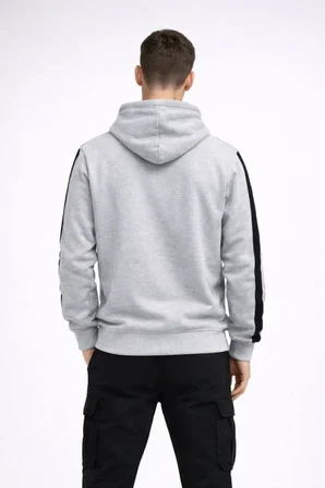 Modi Green Erkek Şeritli Kapüşonlu Sweatshirt Oversize 3 Iplik Pamuklu - Beyaz