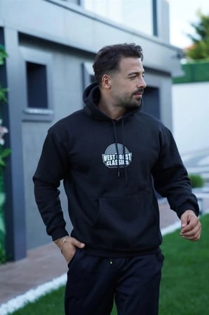 Modi Green Erkek Oversize Üç İplik Kapüşonlu Sweatshirt – Siyah Sırt Ve Ön Baskılı, Kanguru Cepli, Rahat Kalıp, İçi Pamuklu Mo