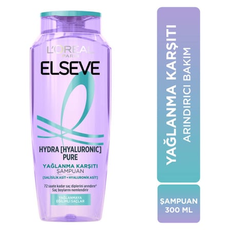 3 Adet L'Oréal Paris Elseve Hydra Hyaluronic Pure Salisilik Asit İçeren Yağlanma Karşıtı Arındırıcı Şampuan 300 ml