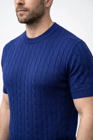 Modi Green Erkek Yazlık Triko Dokuma Tişört Kısa Kol Bisiklet Yaka Örgü Desenli T-Shirt - Lacivert