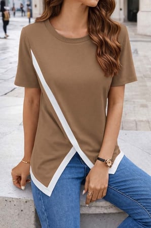 Kadın Kısa Kollu Bisiklet Yaka Viskon Bluz - Sütlü Kahve / 2XL-3XL