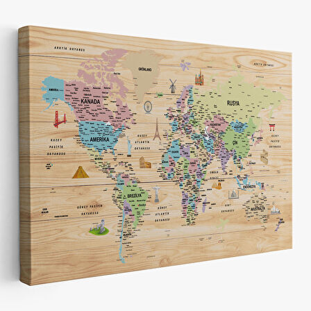 Harita Sepeti Ahşap Görünümlü Türkçe Dünya Haritası Sembollü Eğitici Kanvas Tablo 2929