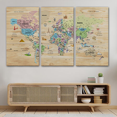 Harita Sepeti Ahşap Görünümlü Türkçe Dünya Haritası Sembollü Eğitici Kanvas Tablo 2929