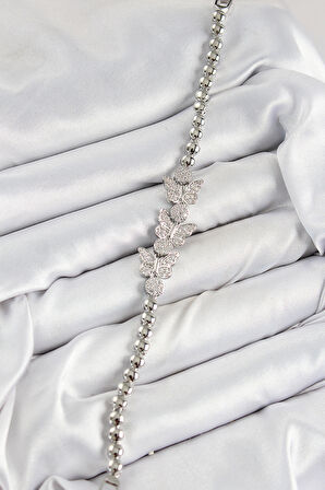 Pirinç Zirkon Taşlı Kelebek Model Gümüş Renk Kadın Bileklik - TJ-BB7542