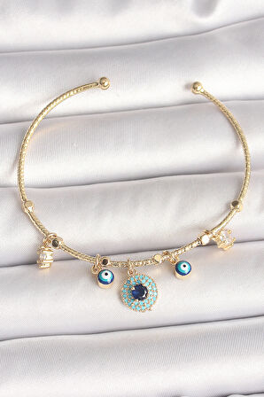 Pirinç Gold Renk Zirkon Taşlı Nazar Boncuk Detay Charm Kadın Bileklik - TJ-BB6883