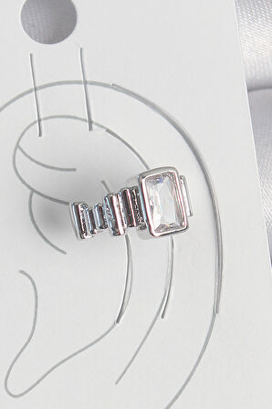 Pirinç Gümüş Renk Kare Zirkon Taşlı Kadın Kıkırdak Model Küpe - TJ-BKP10560