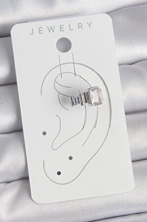 Pirinç Gümüş Renk Kare Zirkon Taşlı Kadın Kıkırdak Model Küpe - TJ-BKP10560