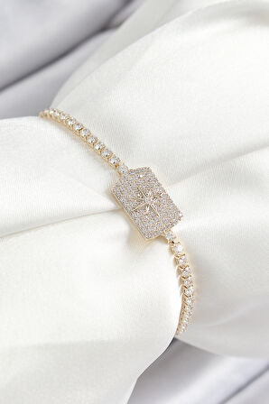 Pirinç Zirkon Taşlı Kutup Yıldızı Model Gold Renk Asansörlü Kadın Bileklik - TJ-BB7466