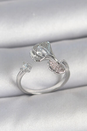 Pirinç Gümüş Renk Zirkon Taşlı Deniz Kabuğu Model Ayarlanabilir Kadın Yüzük - TJ-BYK3740