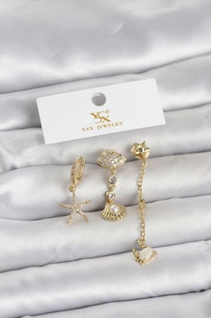Pirinç Gold Renk Zirkon Taşlı Deniz Temalı 3'lü Kadın Küpe - TJ-BKP11703