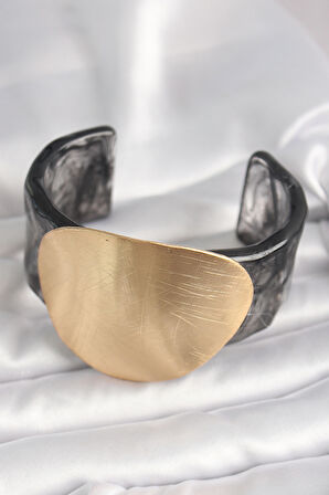 Siyah Mermer Desen Akrilik Plastik Gold Daire Plaka Model Vintage Kadın Bilezik - TJ-BB6679