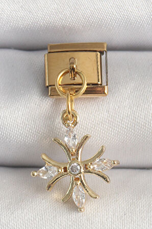 316L Çelik Gold Renk Sallantı Zirkon Taşlı Kar Tanesi Model Nomination Charm - TJ-BC1341