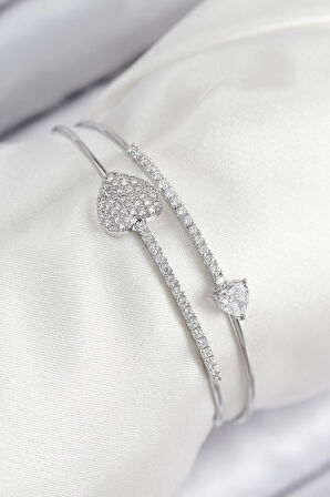 Pirinç Zirkon Taşlı Kalp Model Gümüş Renk Kadın Bileklik - TJ-BB7852