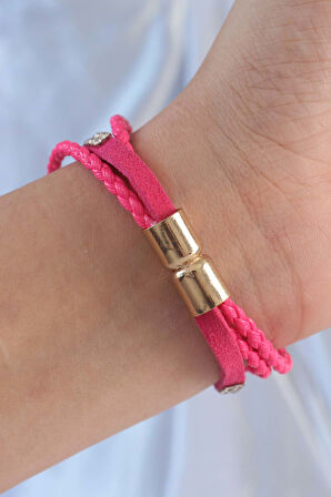 Pembe Renk Zirkon Taşlı Deri Çoklu Bileklik - TJ-BB6350