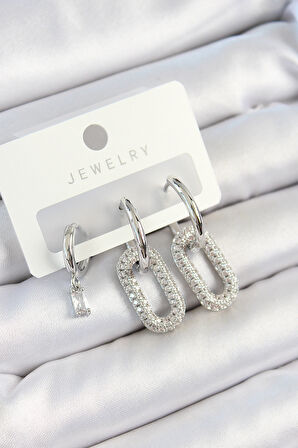 Pirinç Zirkon Taşlı Dikdörtgen Model Gümüş Renk 3'lü Çift Kadın Küpe Set - TJ-BKP10796